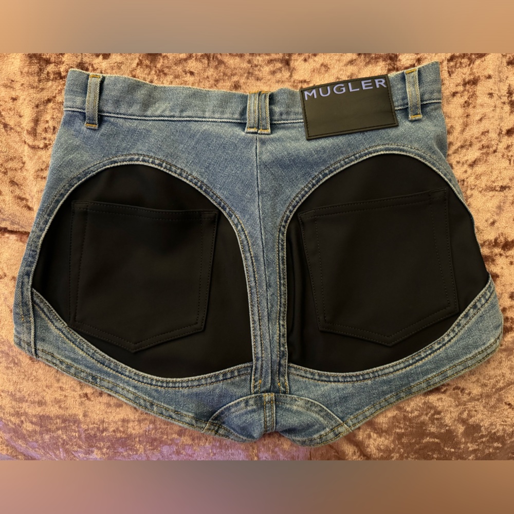 MUGLER contrast-panels denim shorts